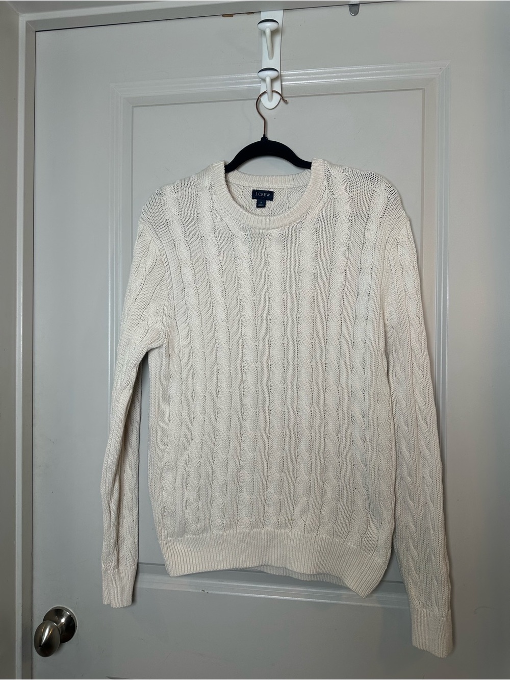 J.Crew Cableknit Cotton Fisherman Cotton Crew Neck Cream Classic Sweater, Small